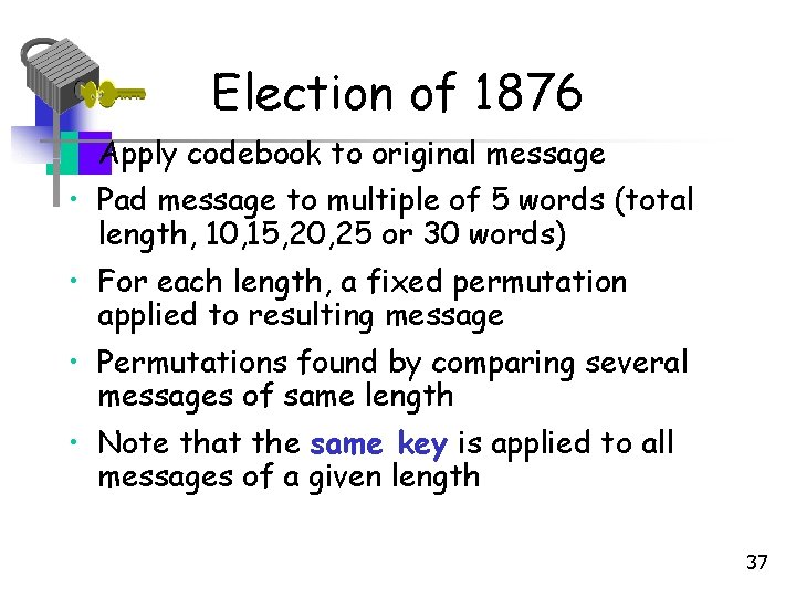 Election of 1876 • Apply codebook to original message • Pad message to multiple Election of 1876 • Apply codebook to original message • Pad message to multiple