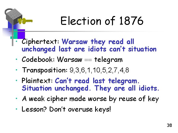 Election of 1876 • Ciphertext: Warsaw they read all unchanged last are idiots can’t Election of 1876 • Ciphertext: Warsaw they read all unchanged last are idiots can’t