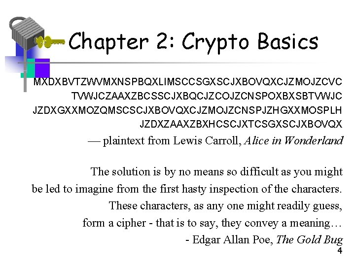 Chapter 2: Crypto Basics MXDXBVTZWVMXNSPBQXLIMSCCSGXSCJXBOVQXCJZMOJZCVC TVWJCZAAXZBCSSCJXBQCJZCOJZCNSPOXBXSBTVWJC JZDXGXXMOZQMSCSCJXBOVQXCJZMOJZCNSPJZHGXXMOSPLH JZDXZAAXZBXHCSCJXTCSGXSCJXBOVQX plaintext from Lewis Carroll, Alice in Chapter 2: Crypto Basics MXDXBVTZWVMXNSPBQXLIMSCCSGXSCJXBOVQXCJZMOJZCVC TVWJCZAAXZBCSSCJXBQCJZCOJZCNSPOXBXSBTVWJC JZDXGXXMOZQMSCSCJXBOVQXCJZMOJZCNSPJZHGXXMOSPLH JZDXZAAXZBXHCSCJXTCSGXSCJXBOVQX plaintext from Lewis Carroll, Alice in