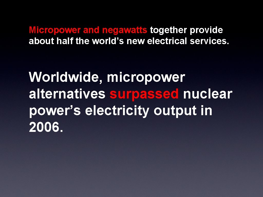 Micropower and negawatts together provide about half the world’s new electrical services. Worldwide, micropower