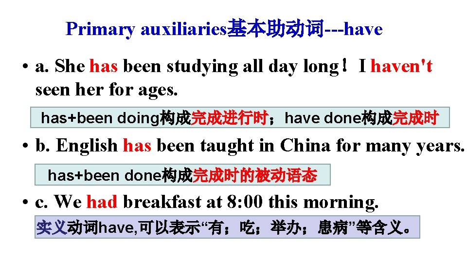 Primary auxiliaries基本助动词---have • a. She has been studying all day long！I haven't seen her