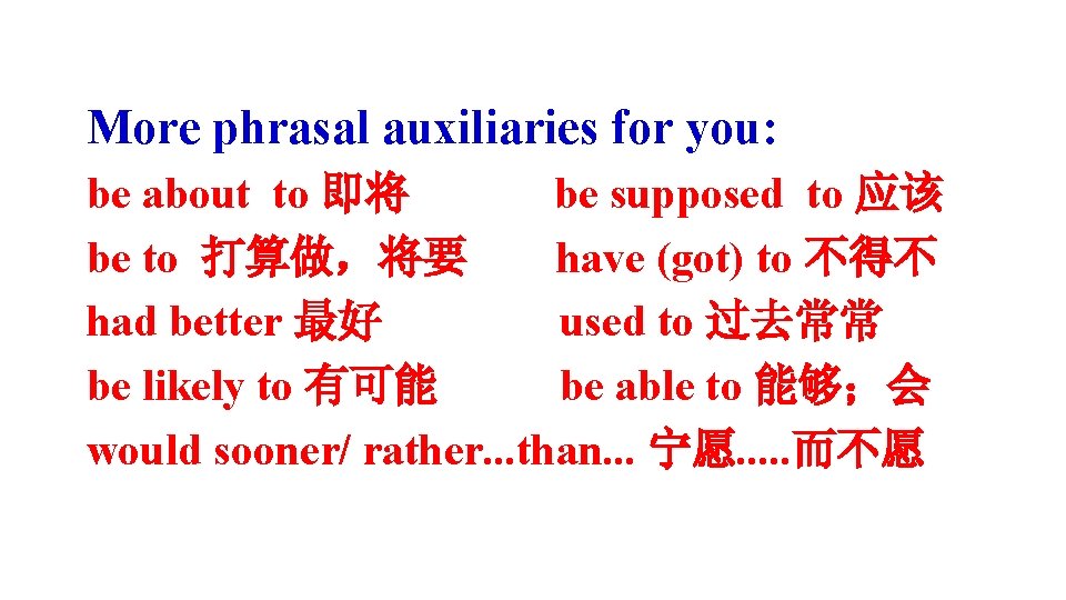 More phrasal auxiliaries for you: be about to 即将 be supposed to 应该 be