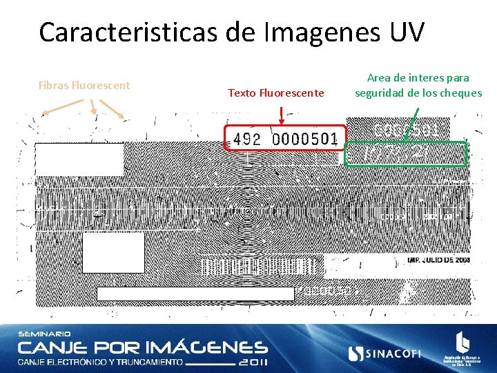 Caracteristicas de Imagenes UV Fibras Fluorescent Texto Fluorescente Area de interes para seguridad de