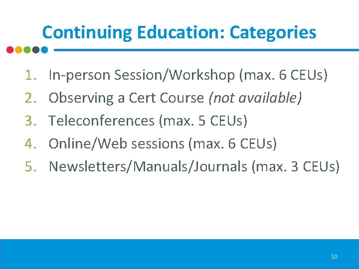 Continuing Education: Categories 1. 2. 3. 4. 5. In-person Session/Workshop (max. 6 CEUs) Observing