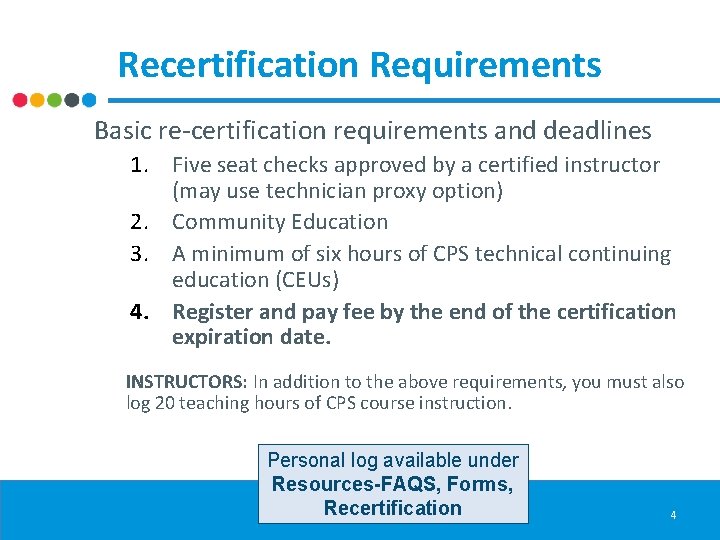 Recertification Requirements Basic re-certification requirements and deadlines 1. Five seat checks approved by a