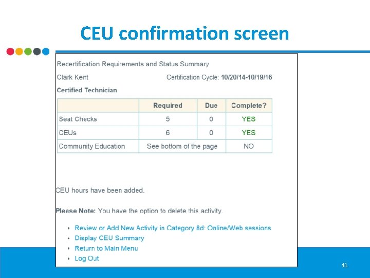 CEU confirmation screen 41 