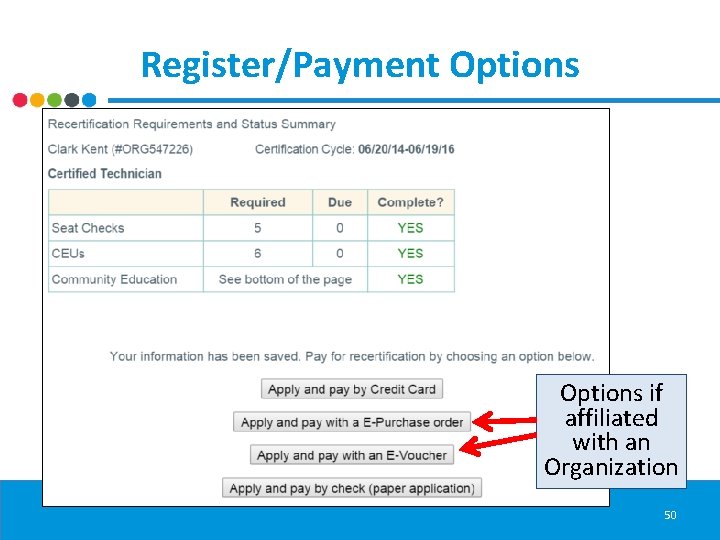 Register/Payment Options if affiliated with an Organization 50 