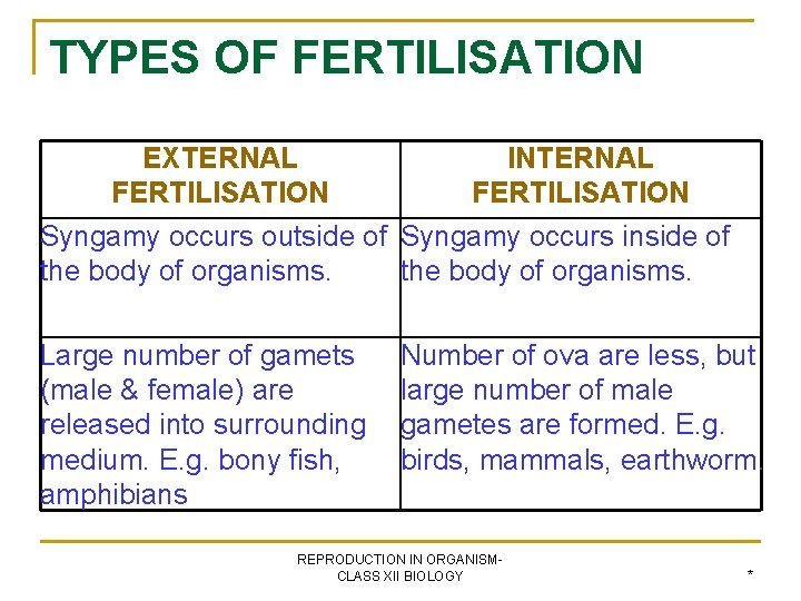 TYPES OF FERTILISATION EXTERNAL INTERNAL FERTILISATION Syngamy occurs outside of Syngamy occurs inside of