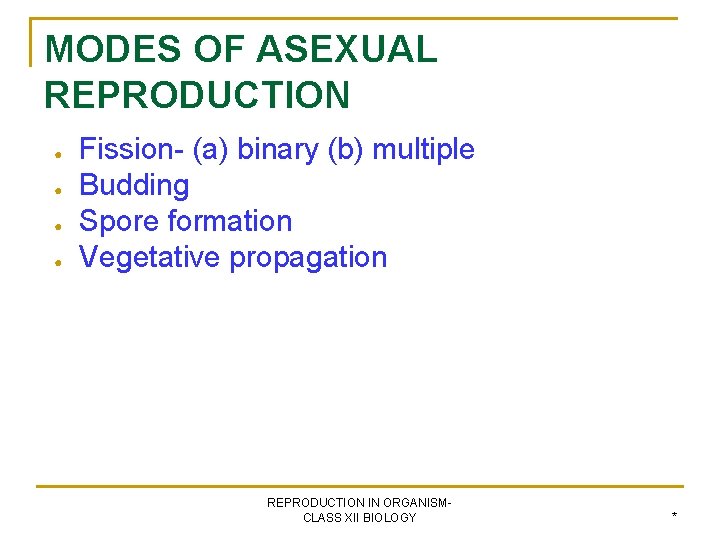 MODES OF ASEXUAL REPRODUCTION ● ● Fission- (a) binary (b) multiple Budding Spore formation