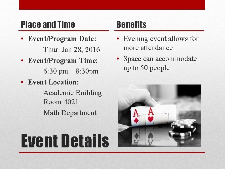 Place and Time Benefits • Event/Program Date: Thur. Jan 28, 2016 • Event/Program Time: