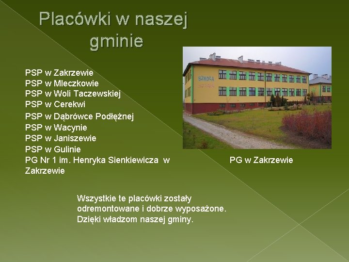 Placówki w naszej gminie PSP w Zakrzewie PSP w Mleczkowie PSP w Woli Taczewskiej