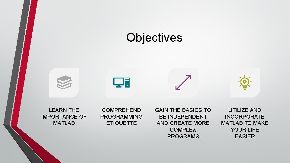 Objectives LEARN THE IMPORTANCE OF MATLAB COMPREHEND PROGRAMMING ETIQUETTE GAIN THE BASICS TO BE Objectives LEARN THE IMPORTANCE OF MATLAB COMPREHEND PROGRAMMING ETIQUETTE GAIN THE BASICS TO BE