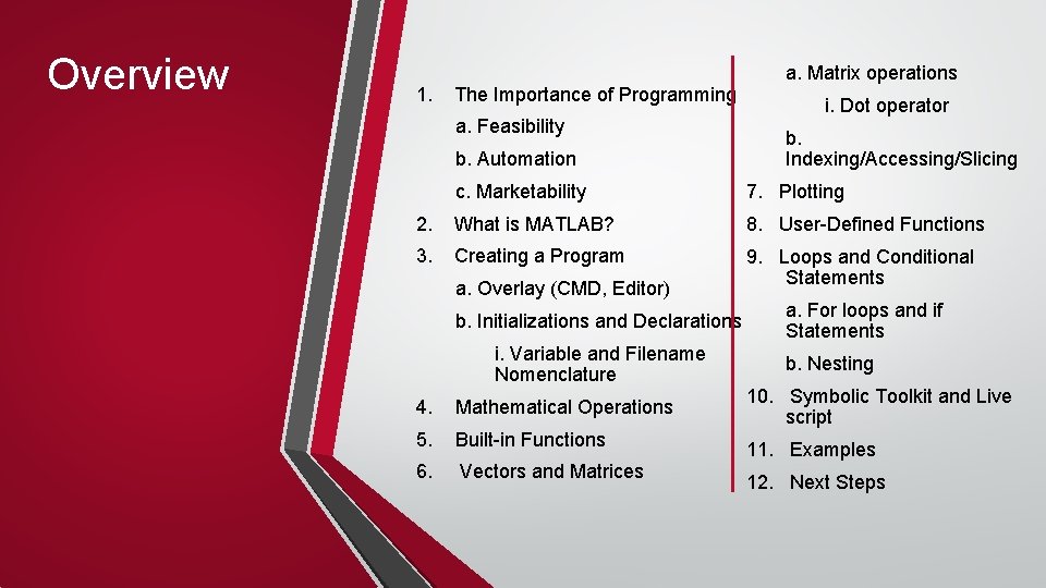 Overview 1. The Importance of Programming a. Feasibility b. Automation a. Matrix operations i. Overview 1. The Importance of Programming a. Feasibility b. Automation a. Matrix operations i.