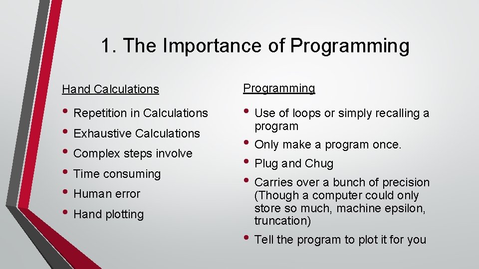 1. The Importance of Programming Hand Calculations Programming • Repetition in Calculations • Exhaustive 1. The Importance of Programming Hand Calculations Programming • Repetition in Calculations • Exhaustive