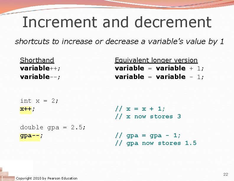 Increment and decrement shortcuts to increase or decrease a variable's value by 1 Shorthand Increment and decrement shortcuts to increase or decrease a variable's value by 1 Shorthand