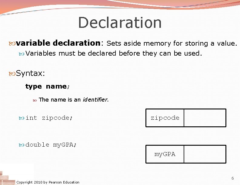 Declaration variable declaration: Sets aside memory for storing a value. Variables must be declared Declaration variable declaration: Sets aside memory for storing a value. Variables must be declared