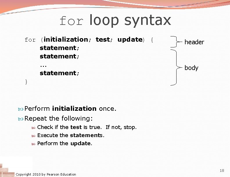 for loop syntax for (initialization; test; update) { statement; . . . statement; } for loop syntax for (initialization; test; update) { statement; . . . statement; }