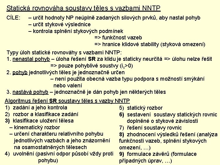 Statická rovnováha soustavy těles s vazbami NNTP CÍLE: – určit hodnoty NP neúplně zadaných