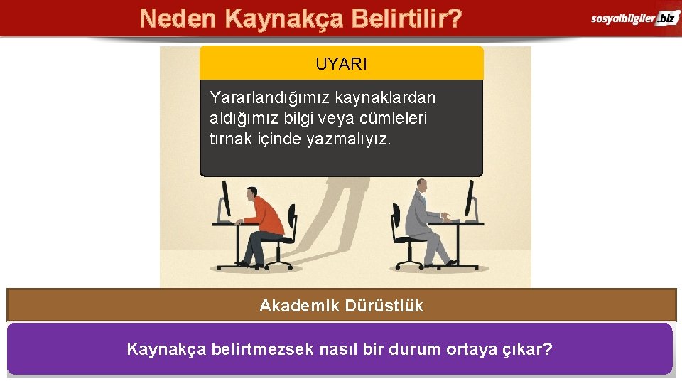 Neden Kaynakça Belirtilir? UYARI Yararlandığımız kaynaklardan aldığımız bilgi veya cümleleri tırnak içinde yazmalıyız. Akademik