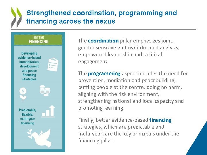 Strengthened coordination, programming and financing across the nexus The coordination pillar emphasizes joint, gender