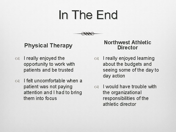 In The End Physical Therapy I really enjoyed the opportunity to work with patients