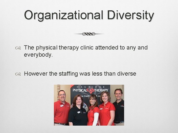 Organizational Diversity The physical therapy clinic attended to any and everybody. However the staffing
