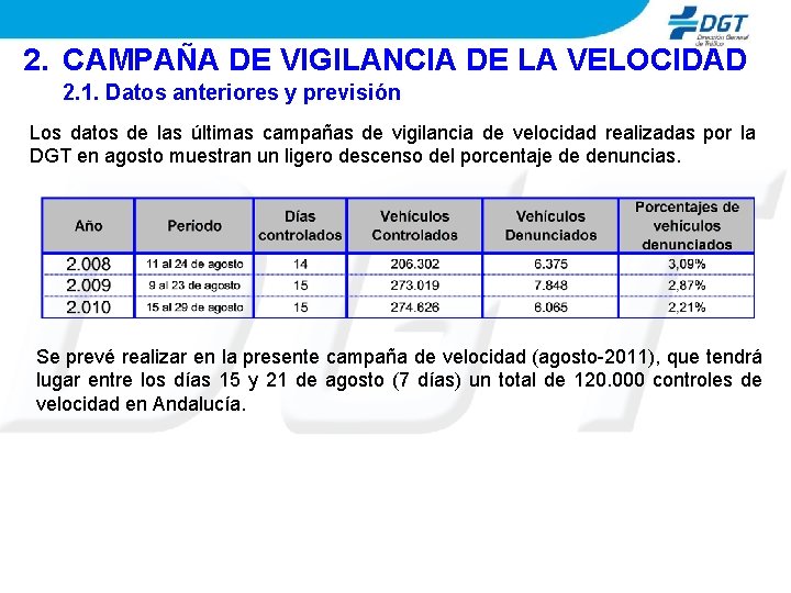 2. CAMPAÑA DE VIGILANCIA DE LA VELOCIDAD 2. 1. Datos anteriores y previsión Los