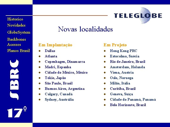 Historico Novidades Novas localidades Em construção Globe. System Backbones Acessos Planos Brasil Planejados Em