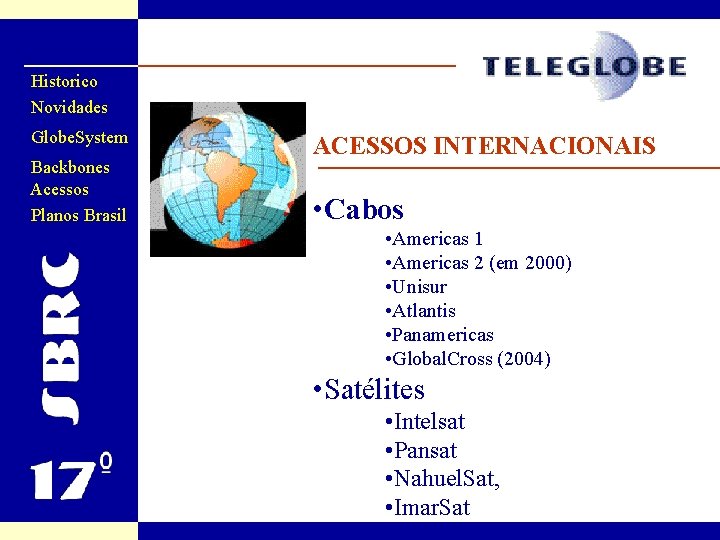 Historico Novidades Globe. System Backbones Acessos Planos Brasil ACESSOS INTERNACIONAIS • Cabos • Americas