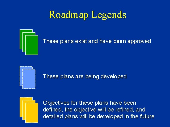 Roadmap Legends These plans exist and have been approved These plans are being developed
