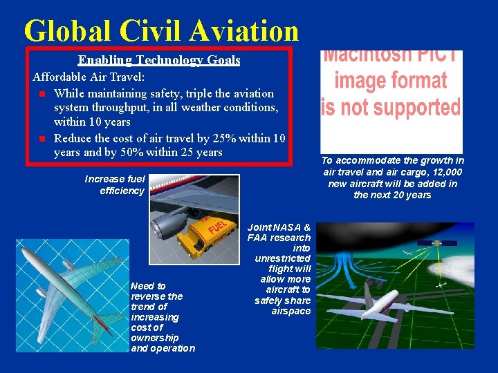 Global Civil Aviation Enabling Technology Goals Affordable Air Travel: While maintaining safety, triple the