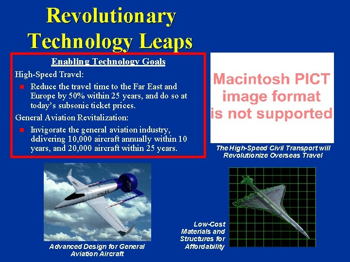 Revolutionary Technology Leaps Enabling Technology Goals High-Speed Travel: Reduce the travel time to the
