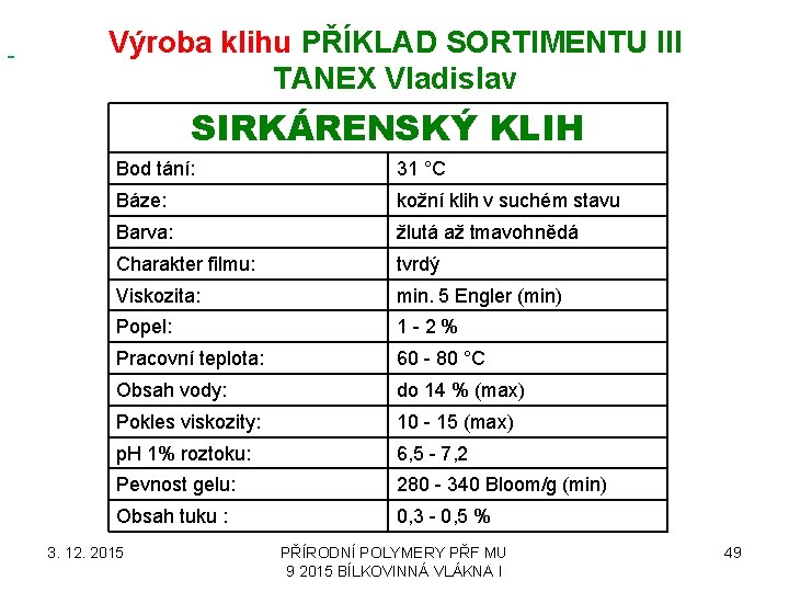 Výroba klihu PŘÍKLAD SORTIMENTU III TANEX Vladislav SIRKÁRENSKÝ KLIH Bod tání: 31 °C Báze: