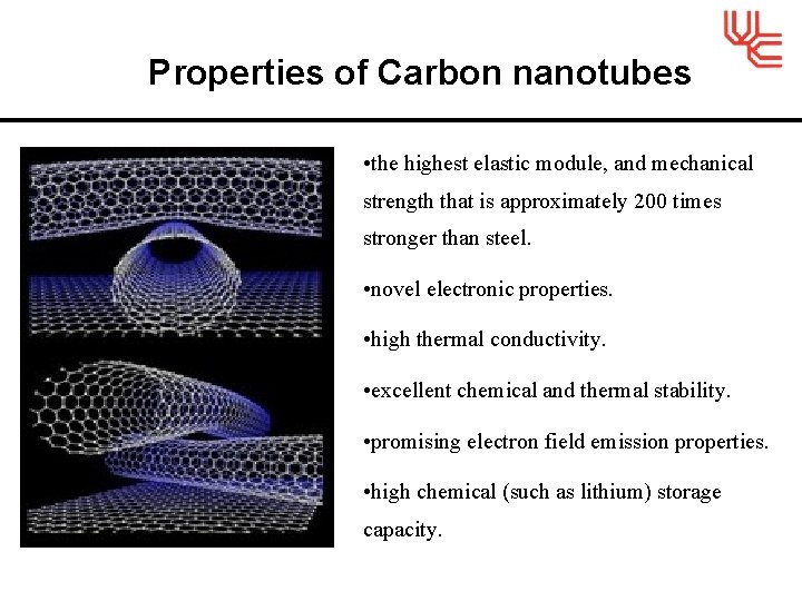 Properties of Carbon nanotubes • the highest elastic module, and mechanical strength that is