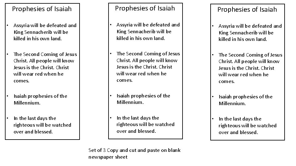 Prophesies of Isaiah • Assyria will be defeated and King Sennacherib will be killed