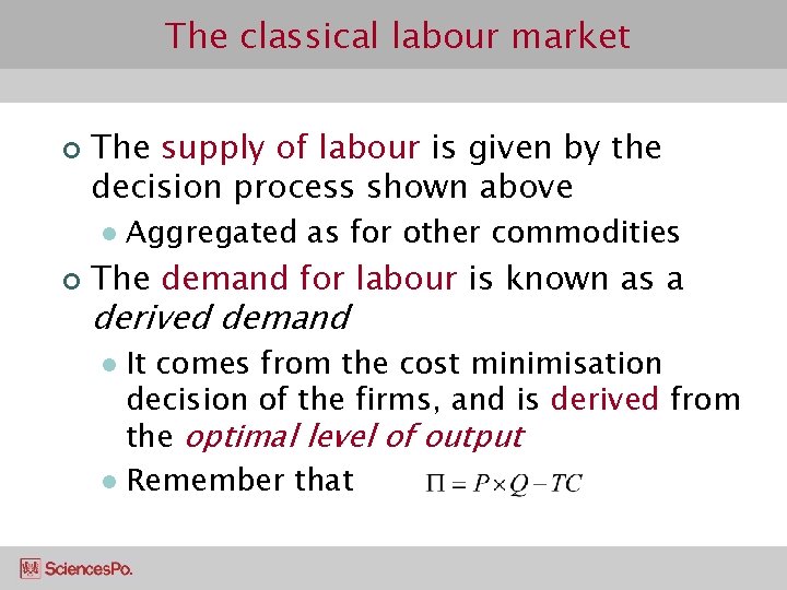 The classical labour market ¢ The supply of labour is given by the decision