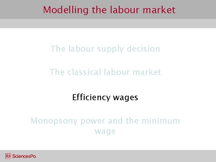 Modelling the labour market The labour supply decision The classical labour market Efficiency wages