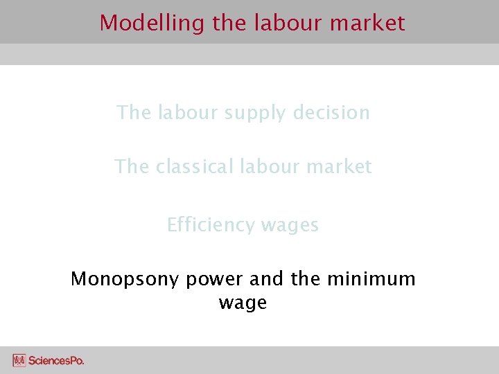 Modelling the labour market The labour supply decision The classical labour market Efficiency wages