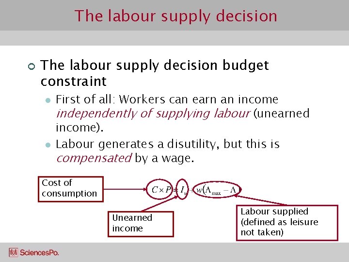 The labour supply decision ¢ The labour supply decision budget constraint l l First
