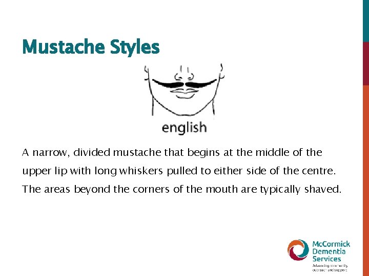 Mustache Styles A narrow, divided mustache that begins at the middle of the upper