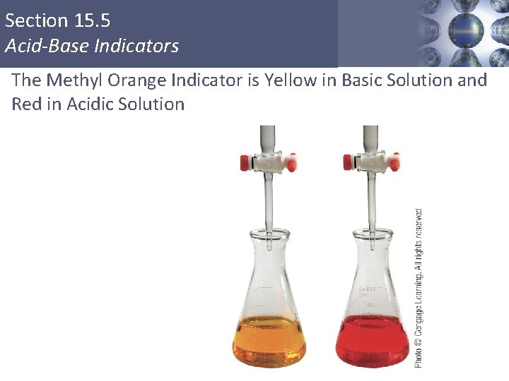 Section 15. 5 Acid-Base Indicators The Methyl Orange Indicator is Yellow in Basic Solution