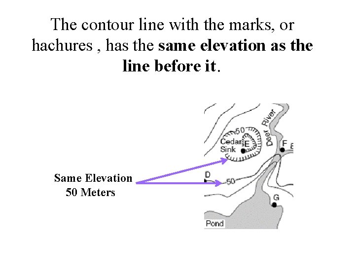The contour line with the marks, or hachures , has the same elevation as