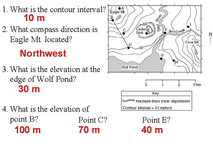 1. What is the contour interval? 10 m 2. What compass direction is Eagle