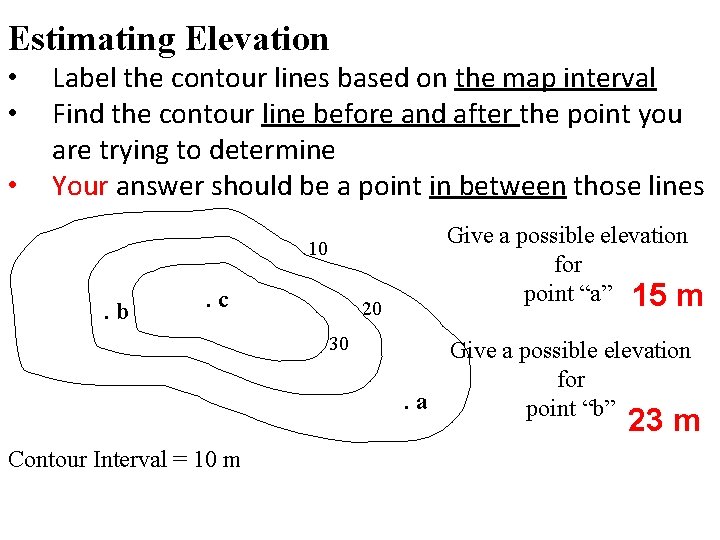 Estimating Elevation • • • Label the contour lines based on the map interval