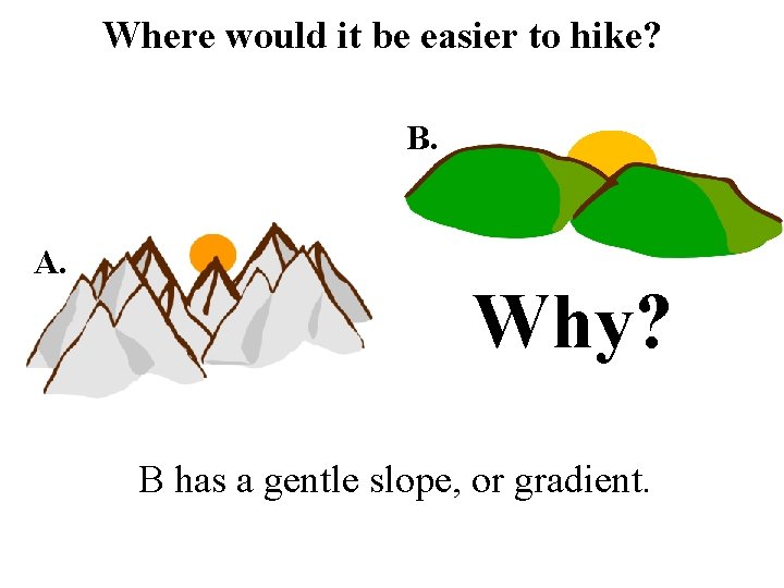 Where would it be easier to hike? B. A. Why? B has a gentle