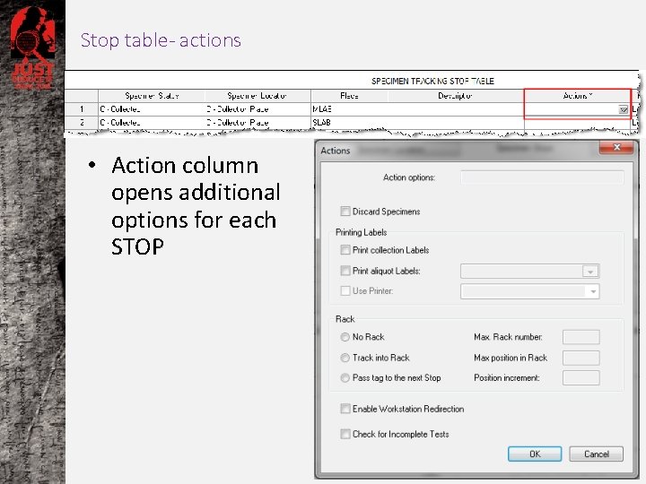 Stop table- actions • Action column opens additional options for each STOP 