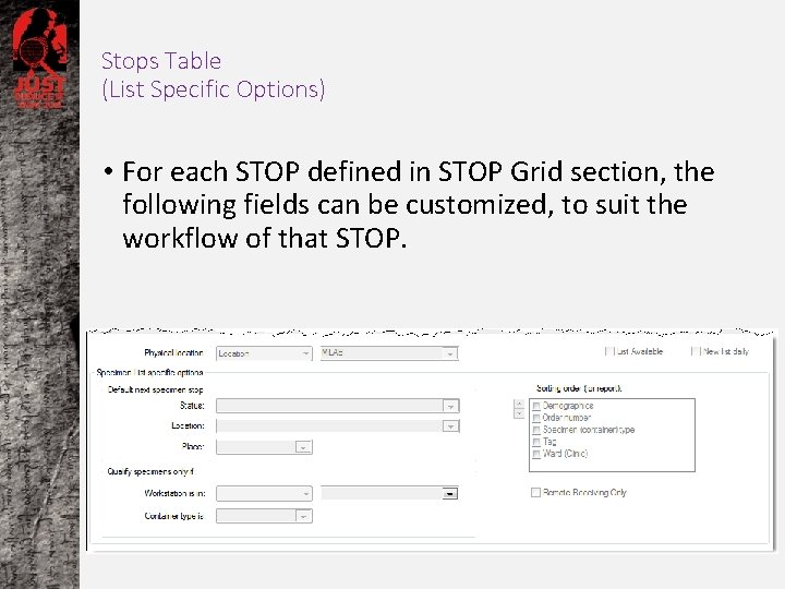 Stops Table (List Specific Options) • For each STOP defined in STOP Grid section,