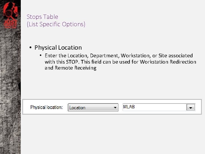 Stops Table (List Specific Options) • Physical Location • Enter the Location, Department, Workstation,