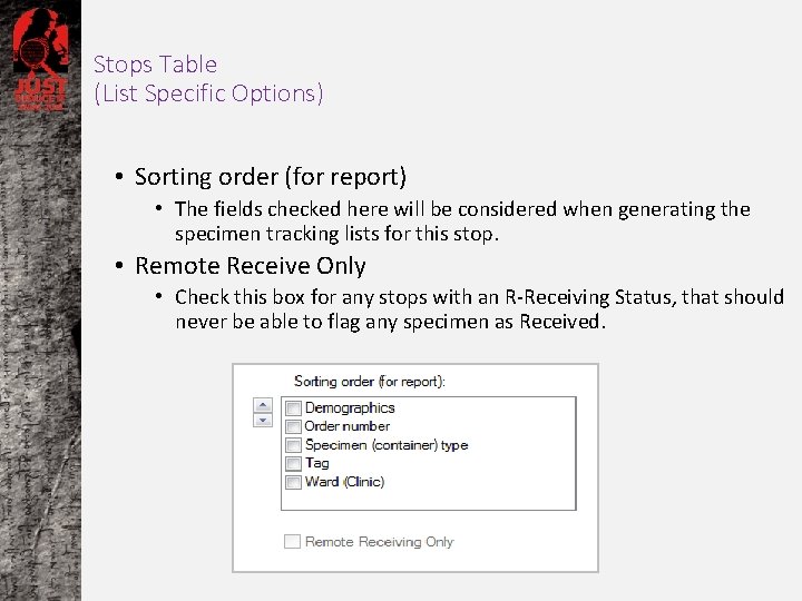 Stops Table (List Specific Options) • Sorting order (for report) • The fields checked