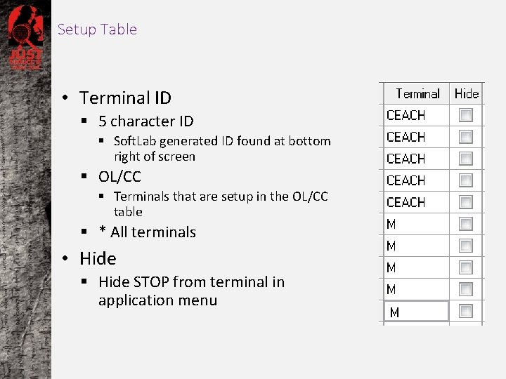 Setup Table • Terminal ID § 5 character ID § Soft. Lab generated ID